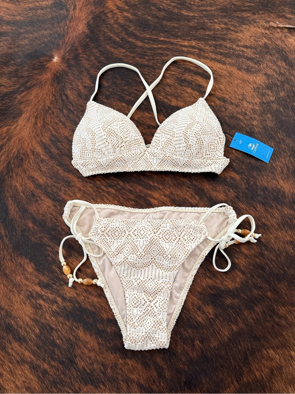 Cupshe Crochet Lace Tie-Side Bikini, Cream, Small